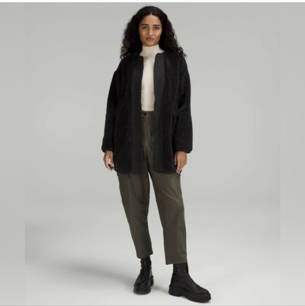 Lululemon Collarless Textured Sherpa/Fleece Zip Long Jacket Black 10